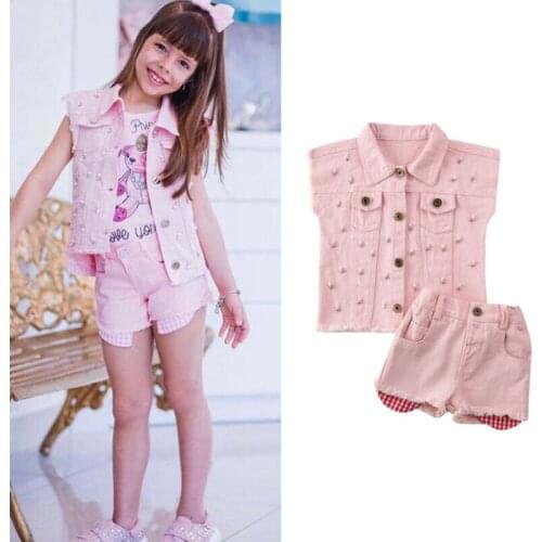 2Pcs Infant Kids Baby Girl Denim Clothes Set Summer Sleeveless Pink Vest Tops Waistcoat+Shorts Pants Outfit Children Clothing