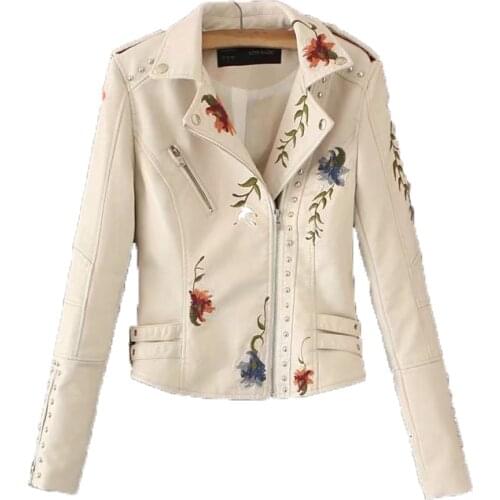 Short Faux Leather Coat Women 2021 Autumn New Embroidery Black Beige Purple Slim Tops Plus Size Fashion PU Leather Jacket N1046