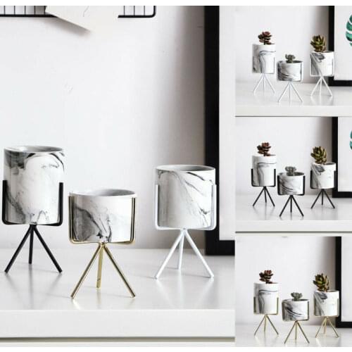 Marble Metal Ceramic Planter And Iron Stand Holder Garden Flower Plant Vase Succulent Pot Rack