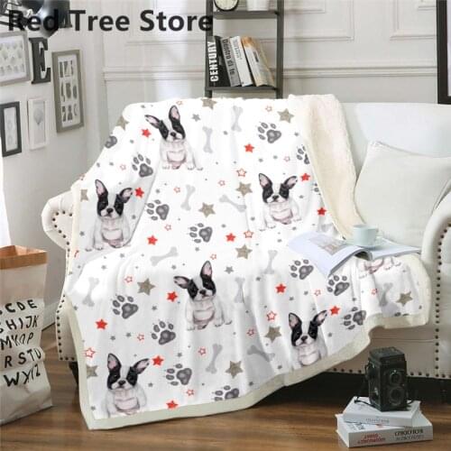 Cute Bulldog Pets White Sherpa Blanket Thick High-end Quality Bedspread for Kids Adults Gift Sofa Nap Bedding Cover Large Size