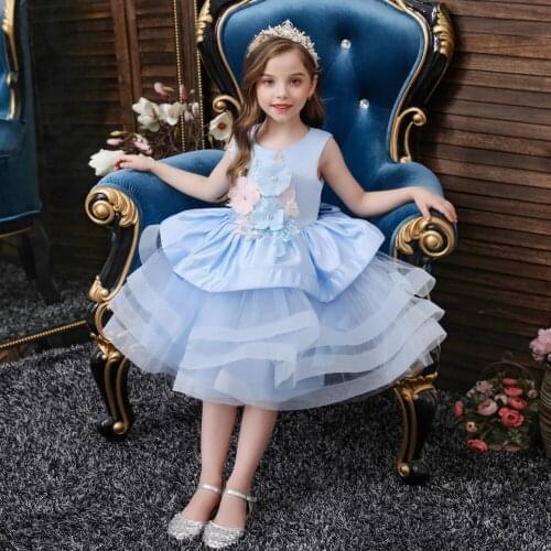 2021 New Girls Sleevelss Flower Ruffles Princess Dress Kids Wedding Elegant Party Prom Ball Gown Children Costume 0-8 Year