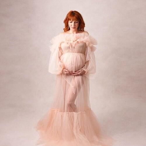 Demure Nude Pink Tulle Ruffles Neck Maternity Dresses Long Puff Sleeves See Thru Mesh Maternity Gowns Floor Length Baby Showr Dr