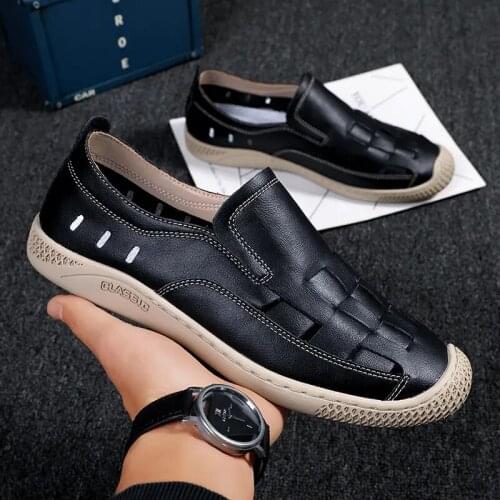 Mens Summer Sandals Leather Covered Hollow Flat Bottom Casual Shoes Comfortable Non Slip Breathable Sandals Business Casual