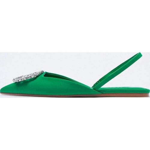 Flats Sandals Women Summer 2021 Pointed Flats Slippers With Diamond Fairy Temperament Green Silk Elegant Sandalias Mujer Shoes