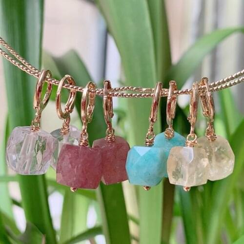 Natural Quartz Stone Earring Cute Small Circle Ear Loop Square Drop Amethysts Citrines Amazonite Clear Crystal Earring for Women