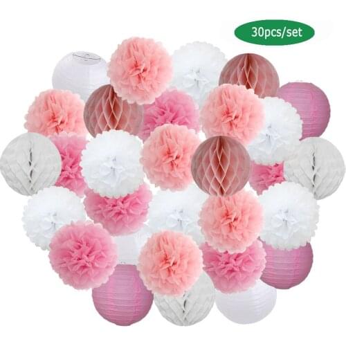 Wedding Baptism Decor 30pcs/set 6" 8" 10" 12" Pink Blue Purple White Round Paper Lantern Mi Primera Comunion Tissue Pompom
