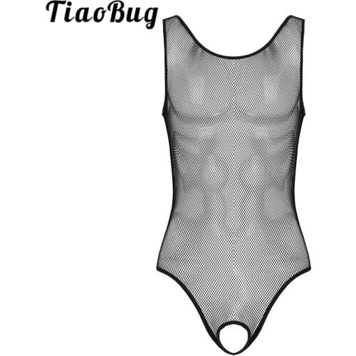 TiaoBug Men See Through Fishnet Lingerie Sleeveless Open Butt Crotchless Erotic Bodysuits Male Gay Sexy Underwear Nightwear