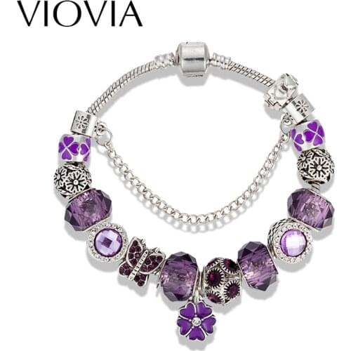 VIOVIA Vintage Jewelry Flower Charm Bracelets For Women Murano Glass Beads Fit Pan Bracelets & Bangles Pulseras Gifts B16070
