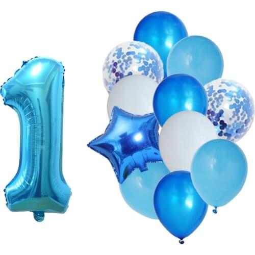 12pcs/set Baby Boy Birthday 32inch Blue Number Foil Balloon Transparent Gold Confetti Balloon Party Decor Anniversary Supplies