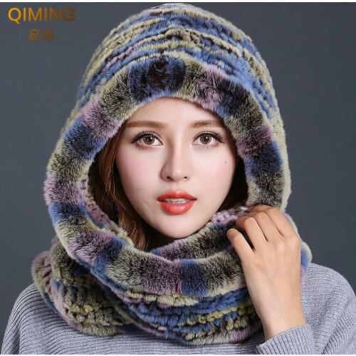 Women Knitted Real Rex Rabbit Fur Hat Hooded Fur Scarf Fashion Winter Hats For Woman Cap Warm Natural Fur Hat With Neck Scarves