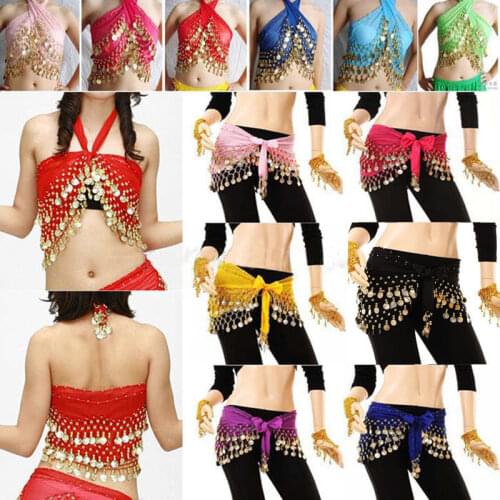 2019 Fashion Belly Dance Costume Hip Belt 128 coins Belly Dancing Waist Scarf Skirt for Women 13 Colors Available