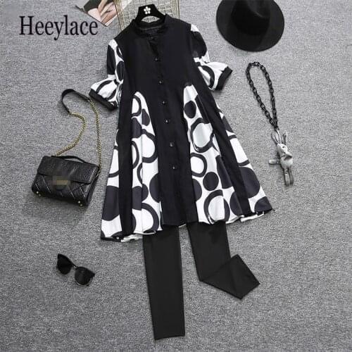 Plus size oversized Summer print patchwork shirt dress and legging pants suits for women korean casual 5XL two piece sets women