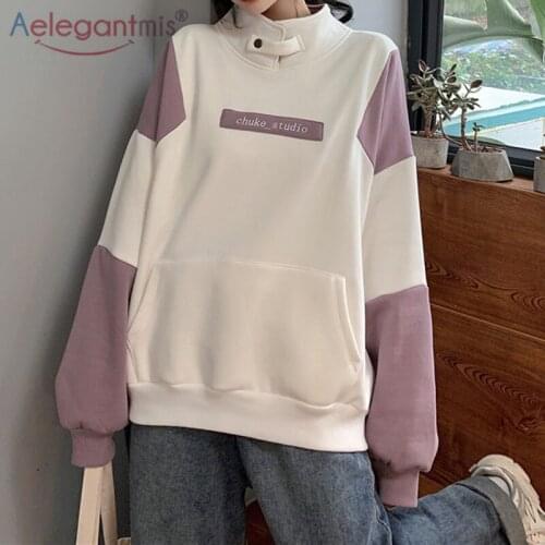 Aelegantmis Korean Mock Collar Patchwork Loose Oversized Sweatshirt Women Fashion Soft Warm Female Pullover Causal Tops Pocket