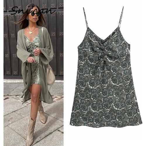 Sncian V Neck Paisley Print Bandage Sexy Mini Dress Sleeveless Party Club Strap Dresses Za Women 2021 Vestidos Summer Femme Robe