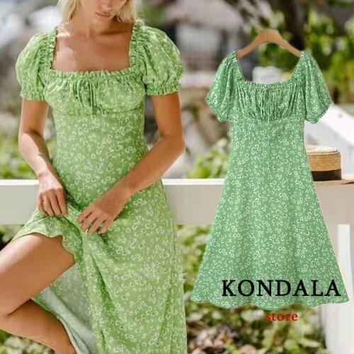 KONDALA Za 2021 Women Chic Green Floral Vintage Long Dress Short Sleeve Chiffon Ruffles Side Split Dress Elegant Summer Vestidos
