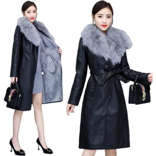 Winter Women Elegant Slim Long PU Leather Jacket Female Warm Artifical Fur Collar Manteau Femme Hiver Chaqueta Cuero Mujer Coat