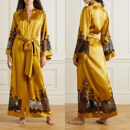 Gold Silk Women Ladies Night Dresses Long Sleeve Nightgown Nightdress Lace Sleepwear Nightwear For Bridal Boudoir Dress