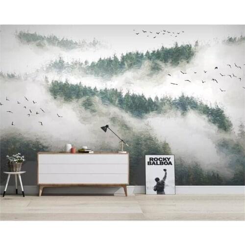 Beibehang Custom 3d wallpaper Hand-painted pine forest clouds birds fog background wall home decoration background 3d wallpaper
