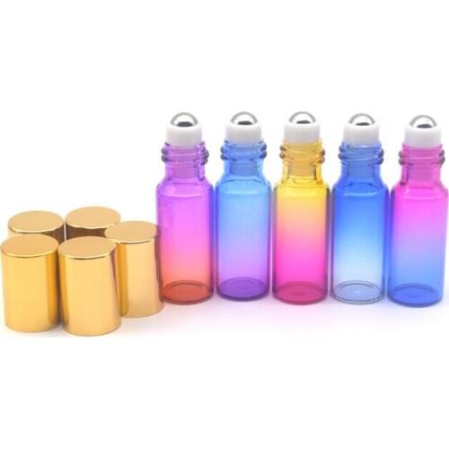 50pcs Empty 5ml Gradient Colorful Roller Glass Bottle Stainless Steel Ball Essential Oil Perfume Sample Vial With Gold Cap