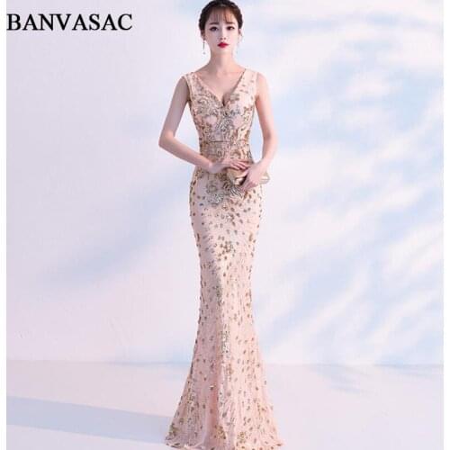 BANVASAC Deep V Neck Elegant Mermaid Sequined Long Evening Dresses Party Tank Sexy Zipper Backless Prom Gowns