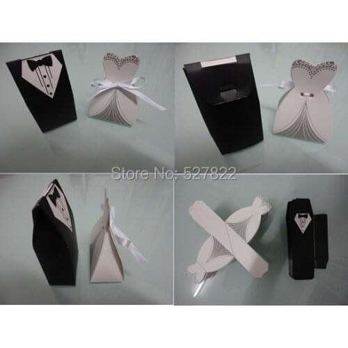Free Shipping 100pcs Tuxedo Dress Groom Bridal Wedding Party Favor Gift Baby Shower Candy Boxes with Ribbon