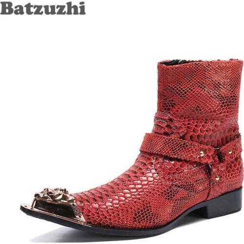 Batzuzhi Genuine Leather Ankle Boots Men Western Cowboy Boots Men Pointed Metal Tip Motorcycle Botas Hombre, Pluz Sizes 38-46