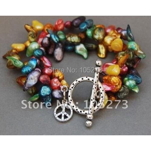 Rainbow Freshwater Cultured Baroque Pearl Toggle Peace Bracelet 7.5'inchs Womens Jewelry New Free Shipping FN2242