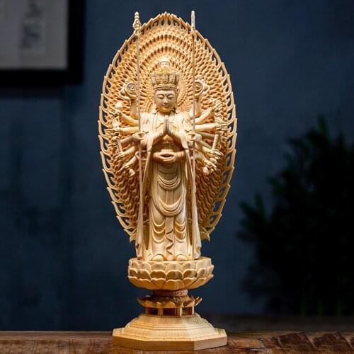 Cypress Wood 42CM Thousand Hands Guanyin Sculpture Wood Buddha Statue Worship Guan Yin Home Decor