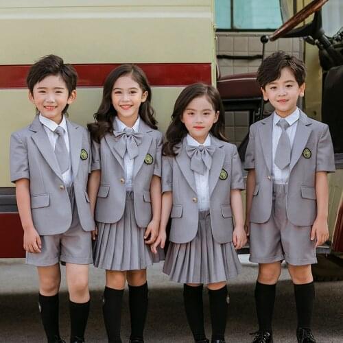 Children Korean Japanese School Uniform Kids Girls Boys White Shirt Gray Suit Blazer Coat Plaid Skirt Student Class Outfit