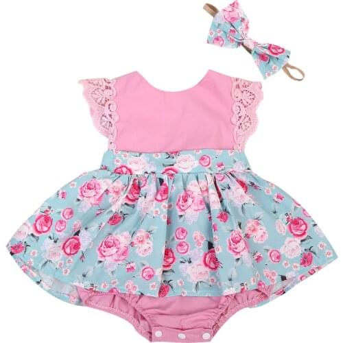 Baby Girls Kids 2Pcs Outfit 2017 New Summer Floral Princess Skirt Lace Bodysuit Sleeveless Backless Bandage Jumpsuit Headband