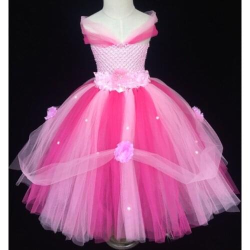 Beautiful Girls Pink Princess Dress Kids Fluffy Crochet Tutu Dress Ball Gown with Flower Headband Children Wedding Party Dresses