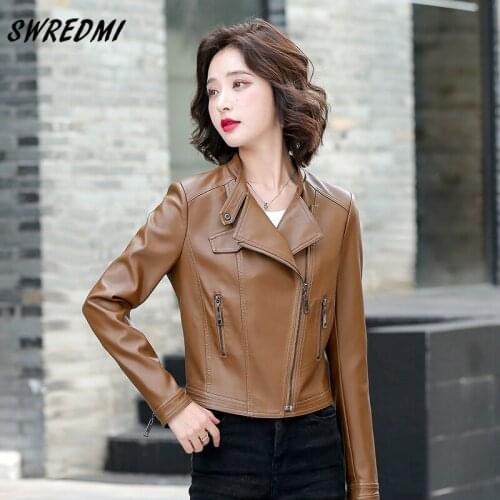 SWREDMI New Spring Faux Leather Jacket Women Slim Soft Motorcycle Short Jackets Lady Fashion Coat Outwear Suede Plus Size S-4XL