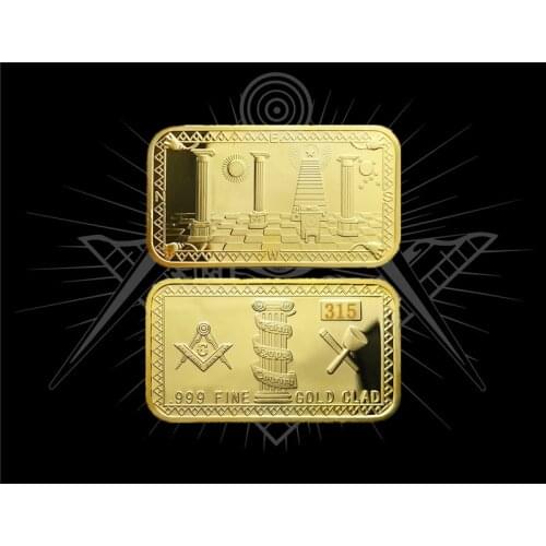 Hot Masonic Challenge Coin Freemason Fatherhood Brotherhood Golden Bar 999 Fine Gold Clad 3D Design With Case Gift Collection