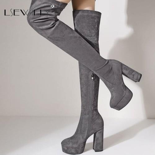 Lsewilly 2021 Winter Over the Knee Boots Platform Square High Heel Ladies Stretch Boots Side Zipper Round Toe Women Thigh Boots
