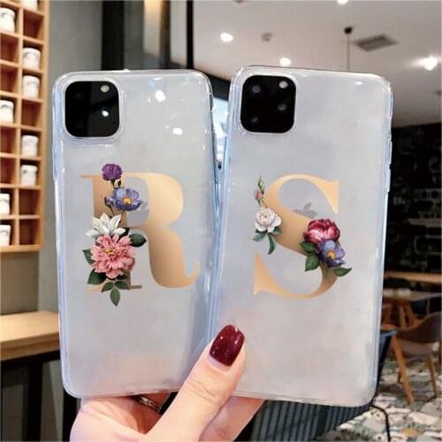 26 English Name Letters Initial Clear Soft Silicone Phone Case For iphone 12 11 Pro Max SE2020 12mini XR 8 X Custom Flower cover