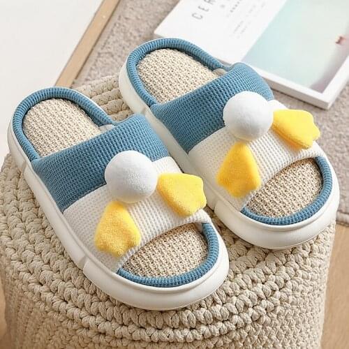 Autumn 2021 New Women Hemp Slippers Cartoon Duck Cute indoor Anti-slip Cotton Cozy Slides Men Couples Thick Shoes Spring Summer