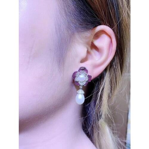 One pair green /blue/black/green flower zircon and white pearls earrings FPPJ wholesale beads