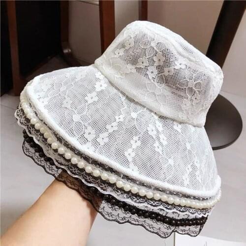 French Elegant Quality Lace Pearl Wide Brim Summer Sunhats Bucket Hat For Women Female Beach Y2k Hat Sunscreen Designer Bonnet