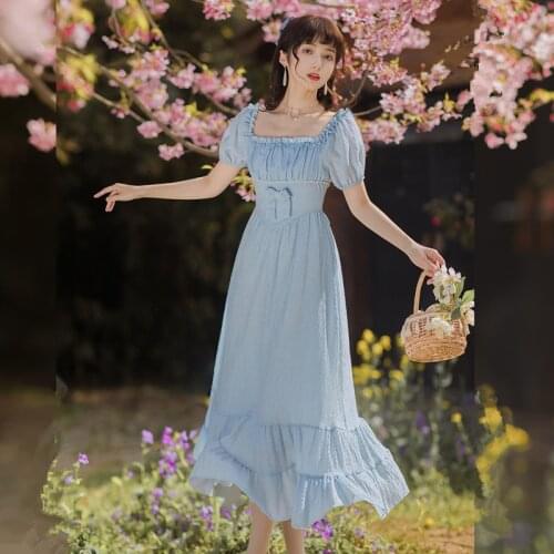 Blue Gentle Romantic Fairy Dress Women Ruffled Square Collar Elegant High Waist Beaded Bow Sweet Cute Long Dress Summer 2021 New