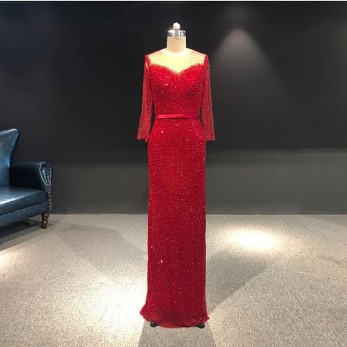 Rhine Real picture Long sleeves full beads sequins Sheath Red women evening dress long formal dresses