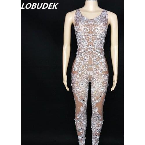Silver Rhinestones Lace Printed Sleeveless Stretch Jumpsuit Birthday Prom Celebrate Stage Outfit Bar Club Party Leotard Costume