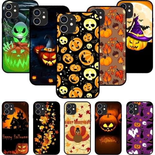 For iPhone 11 12 8 Plus Mini Pro X XR XS Max 4 5 7 6 6S 8 SE Phone Case Black Cover Funda Silicone Halloween Cartoon Pumpkin