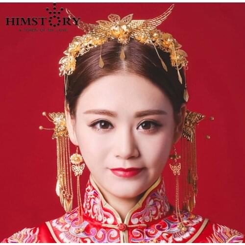Bridal Hairpins Set Chinese traditional bride Headdress Coronet Frontlet Hairpin Combs with Tassel Handmade bride jewelry