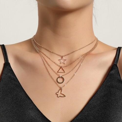 Vintage Multilayer Chains Star Round Triangle Butterfly Pendant Necklaces for Women Geometric Sweater Chains Necklace Jewelry