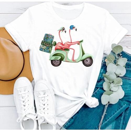 Summer Flamingo Beach Travel 2021 Cartoon Short Sleeve Women Fashion Clothes Print Tshirt Female Tee Top Graphic T-shirt