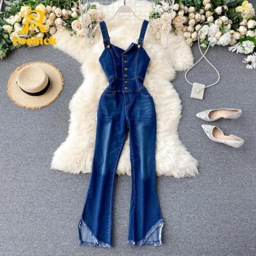 ROENICK Women Irregular Tassel Denim Jumpsuits Female Summer Design Rompers Dark Single-Breasted Suspender Overalls Jeans