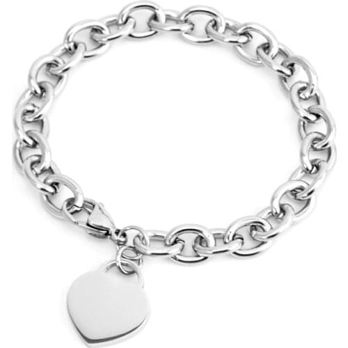 Stainless Steel women bracelet JEWELRY heart tag bracelet Rolo cable femme with tags bangle for couples Chain & Link Bracelets