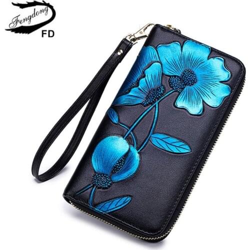 Fengdong women leather wallet flower phone bag vintage floral purse gifts for girls zipper long rfid wallet female card holder
