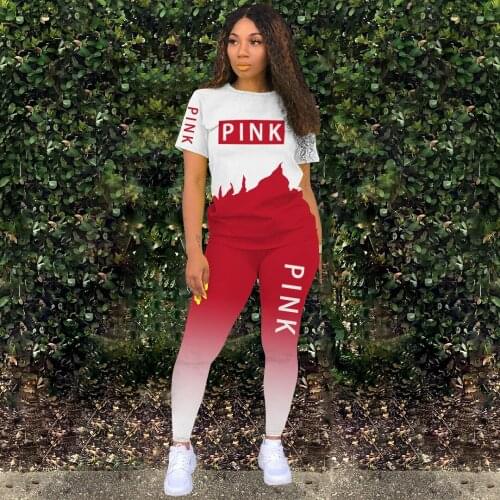 Gradient PINK Letter Print Sporty Tracksuit Women 2Two Piece Suits O Neck Short Sleeve T-shirts and SkinnyLegging Casual Outfits
