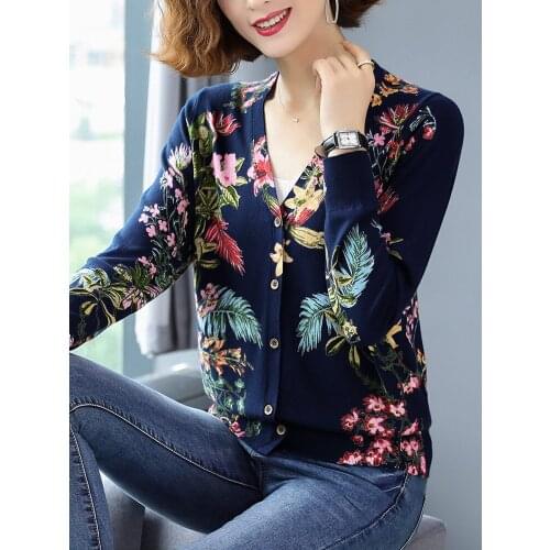 Print Sweater Women New Autumn Casual V Neck Sweater Cardigan Outerwear Print High Quality Knitwear Single-breasted Cardigans